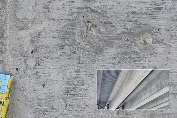 Detect a 0.1 mm crack in concrete at 1m under a bridge, in low light.